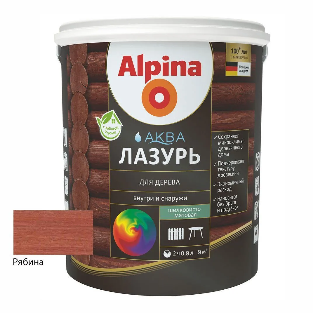 Лак акриловый водно-дисперсионный Alpina Аква Лазурь для дерева цветная, Рябина, 0,9 л/0,90