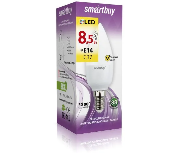 ***Светодиодная LED лампа Smartbuy-C37-8.5W/3000/Е27 SBL-C37-8_5-3 4690626039940