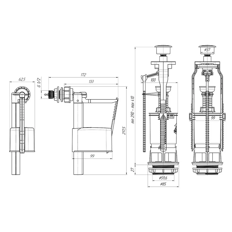 3 108 АНИПЛАСТ WC6050М Набор с боковой подводкой 1/2" спластиковым штуцером,кнопка металл,эконом