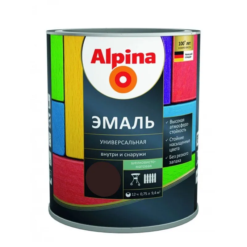 Эмаль алкидная ALPINA эмаль универсальная шелковисто-матовая, цветная, шоколадный 0,75л/0,90кг