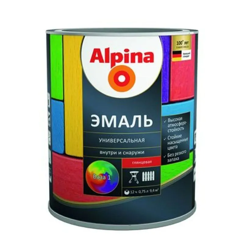 Эмаль алкидная ALPINA эмаль универсальная База 1 шелковисто-матовая,белая 0,75л/0,94кг