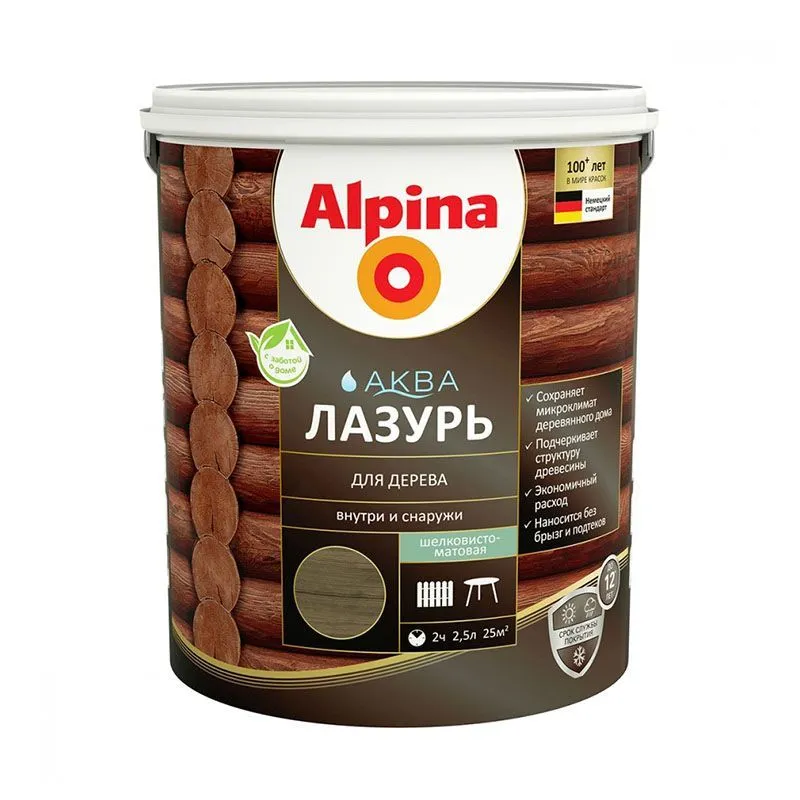 Лак акриловый водно-дисперсионный Alpina Аква Лазурь для дерева цветная, Черный, 2,5 л/2,50 кг