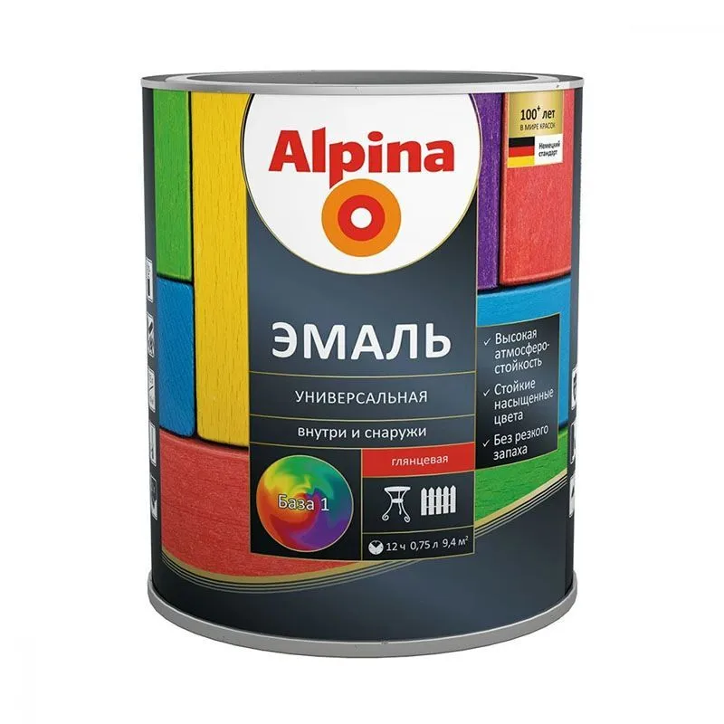 Эмаль алкидная "Alpina эмаль универсальная База 1 глянцевая" Белая 0,75/0,88кг