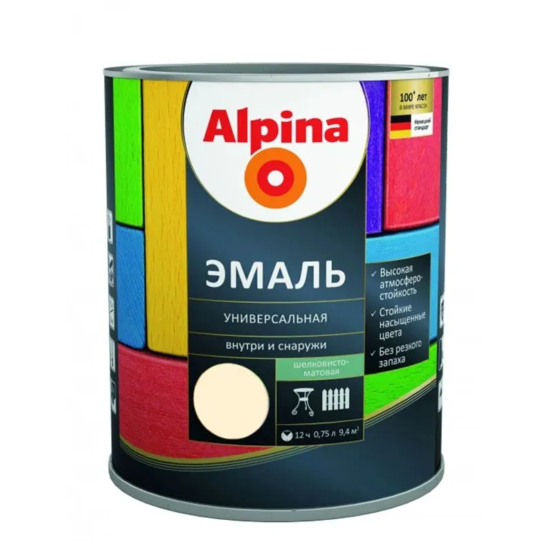 Эмаль алкидная ALPINA эмаль универсальная шелковисто-матовая,цветная,слон.кость 0,75л/0,98кг