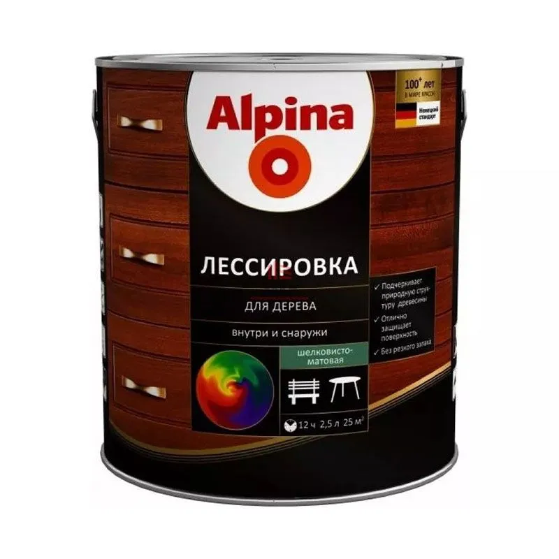 Средство защитно- декоратив Alpina Лессировка для дерева шелковисто-мат.,алкид.,бесцв.2.5л/2.00кг