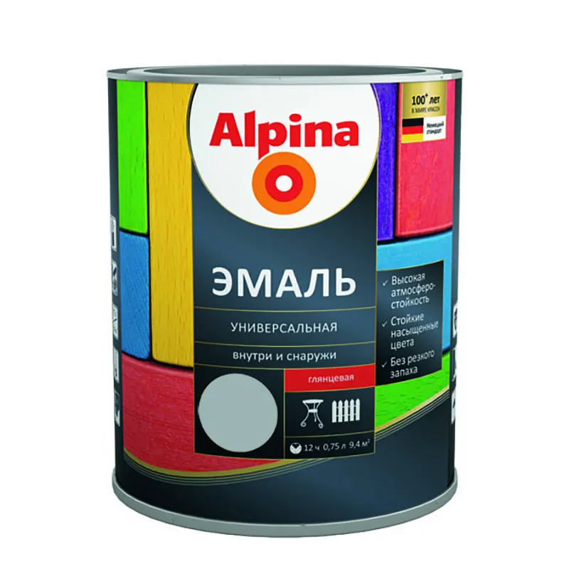 Эмаль алкидная "Alpina эмаль универсальная  глянцевая, цветная " серый 0,75/0,87кг