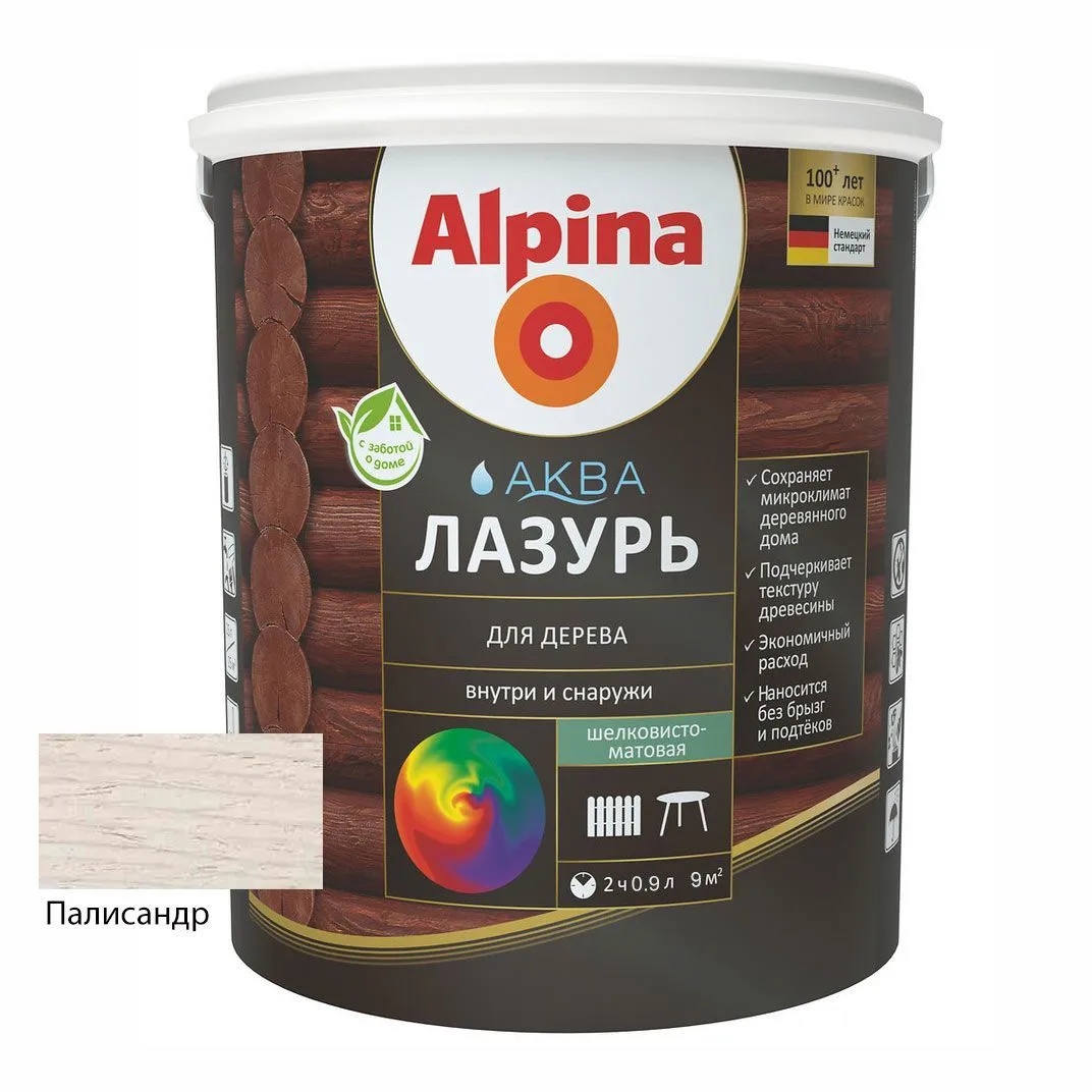 Лак акриловый водно-дисперсионный Alpina Аква Лазурь для дерева цветная, Палисандр, 0,9 л/0