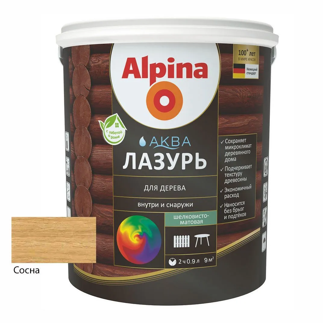 Лак акриловый водно-дисперсионный Alpina Аква Лазурь для дерева цветная, Сосна, 0,9 л/0,90