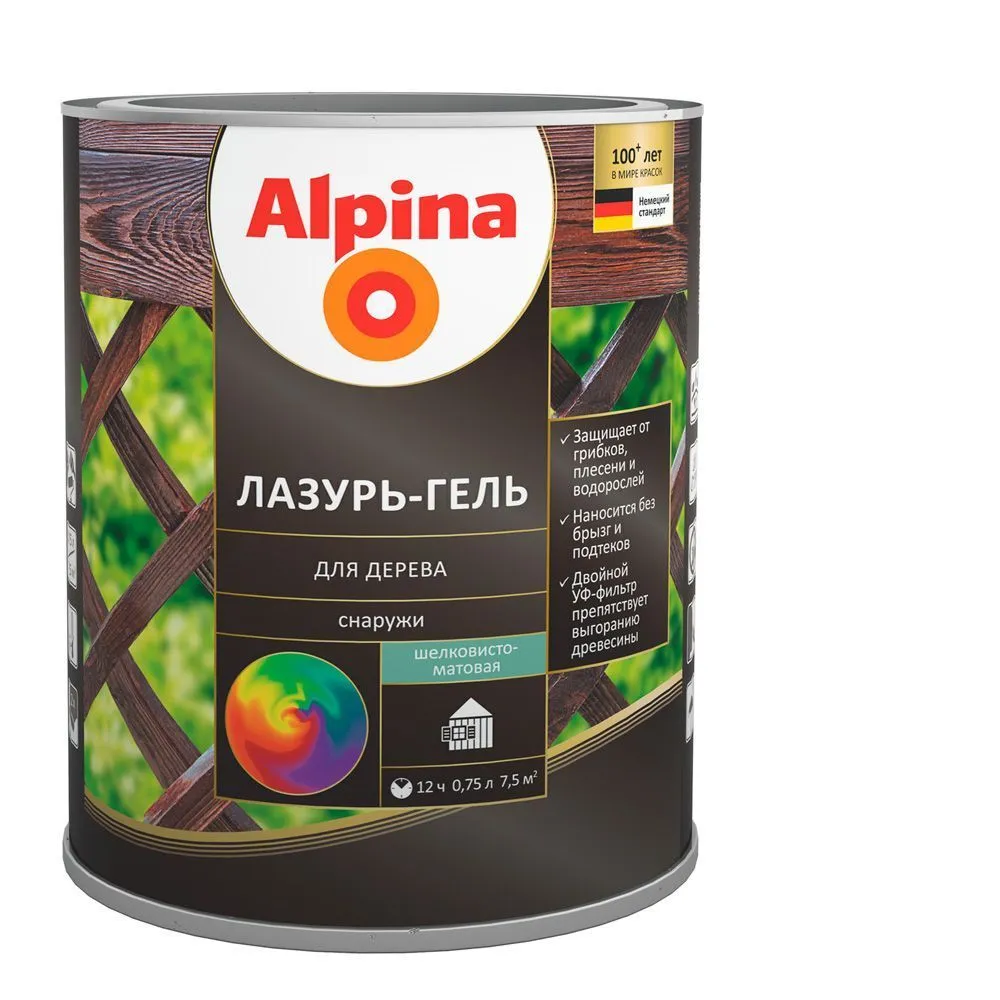 Средство защитно-декоративное Alpina Лазурь-гель для дерева шелковисто-матовая,алкид,бесц 0.75/0.6