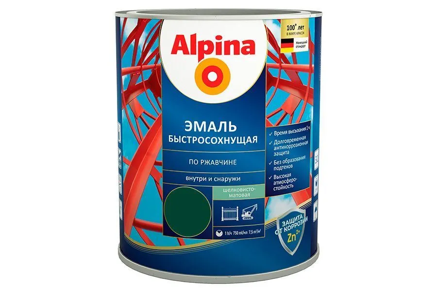 Грунт-эмаль алкидная "Alpina быстросохнущая по ржавчине шелковисто-матовая,цветная,RAL6005" 2,5л