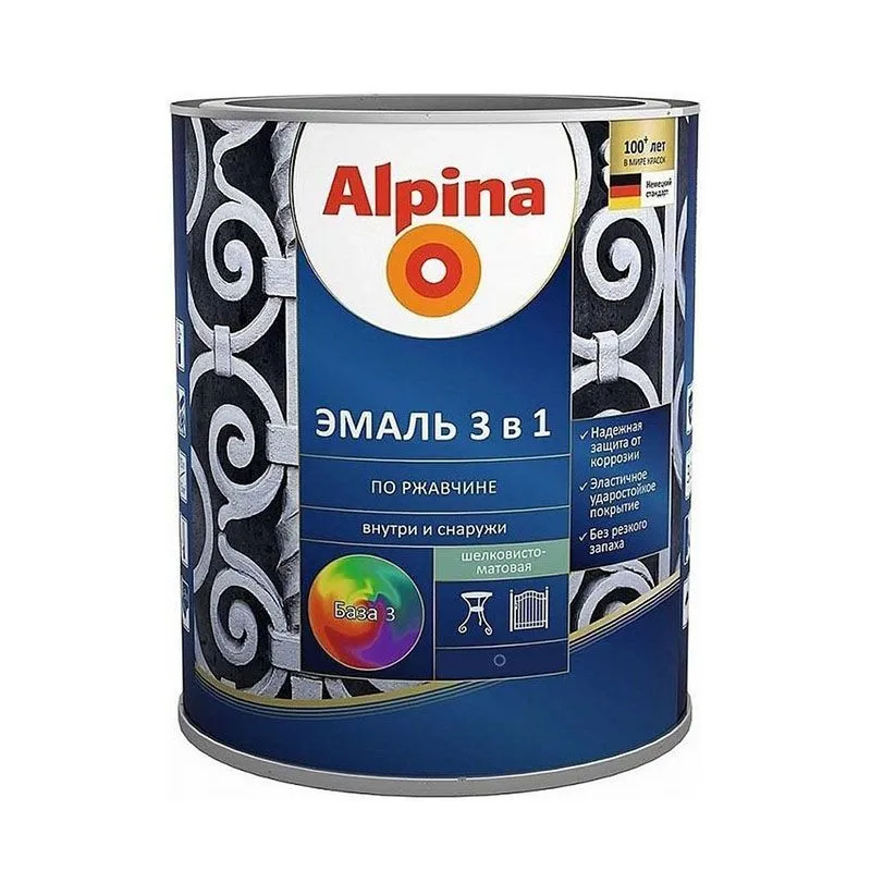 Эмаль АУ Alpina Эмаль по ржавчине 3в1 База3 шелковисто-матовая 0,64л/0,69кг