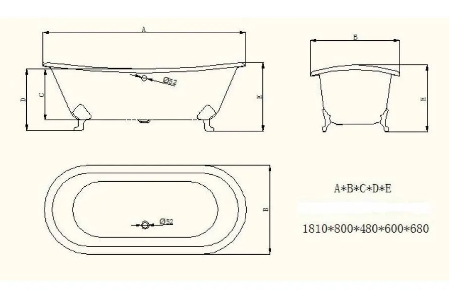 Ванна чугунная SW-1009A 1810*800*480 (высота наружняя 600/680) Вес160кг - 249л