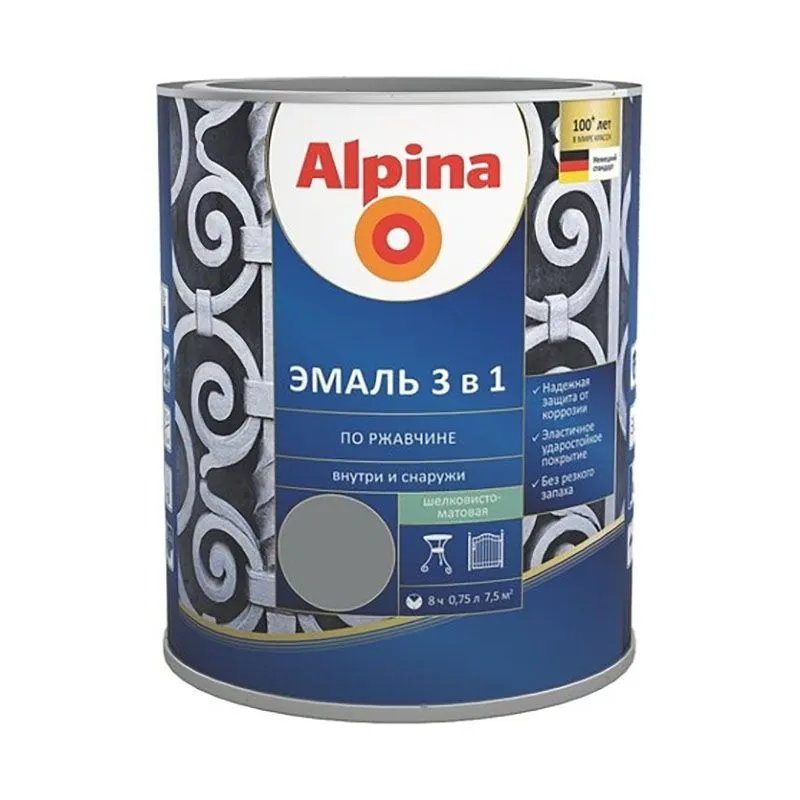 Эмаль АУ "Alpina Эмаль по ржавчине 3 в 1 шелковисто-матовая, цветная, RAL7040", 0,75 л / 0,91 кг
