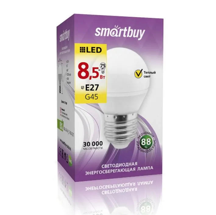 ***Светодиодная LED лампа Smartbuy-G45-8.5W/3000/Е27 SBL-G45-8_5-3 4690626039964
