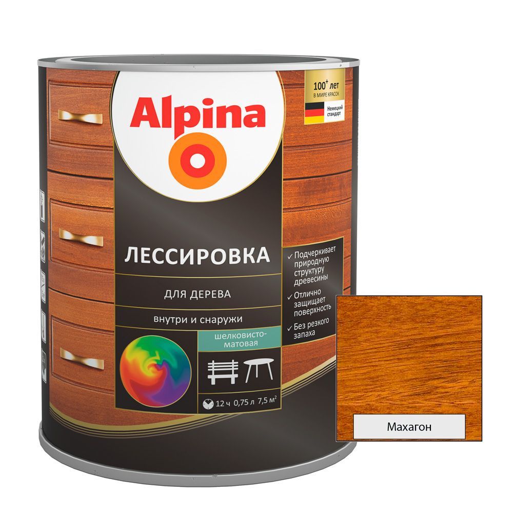 *Средство защитное Alpina Лессировка для дерева шелковист-матовая, цветная, махагон (алкидное) 0,75