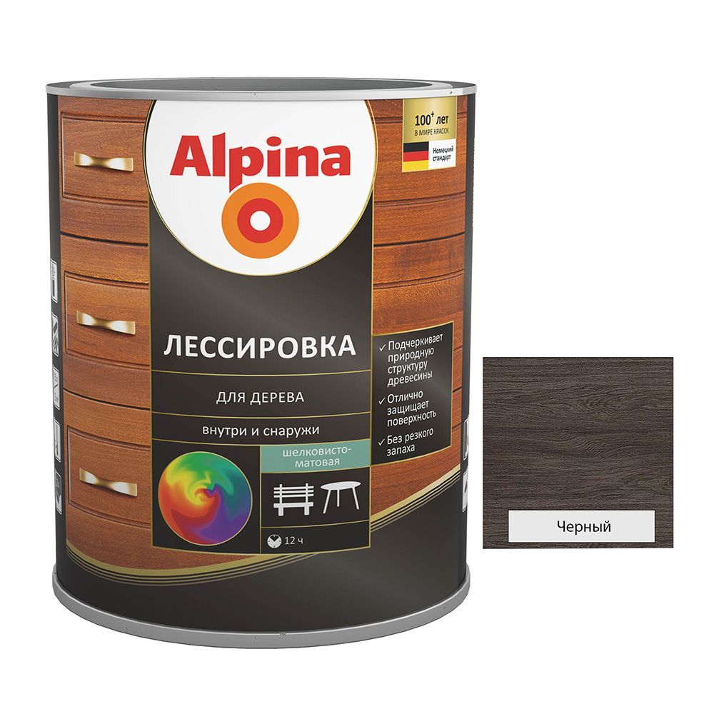 Средство защитное Alpina Лессировка для дерева шелковисто-матовая, цветная, чёрный (алкидное) 2,5 л